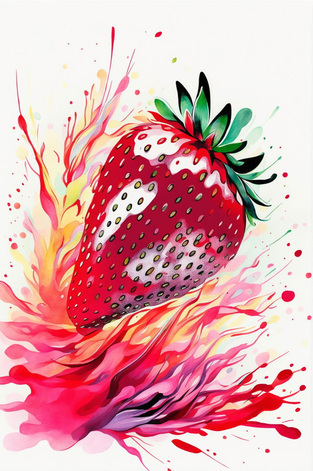 Create an interesting watercolour painting of a strawberry with unique and captivating features