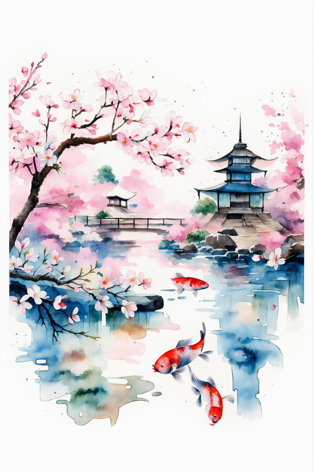 A beautiful classic Japanese watercolour painting featuring cherry blossoms, a serene river with koi fish, and a traditional pagoda, capturing the essence of traditional Japanese aesthetics