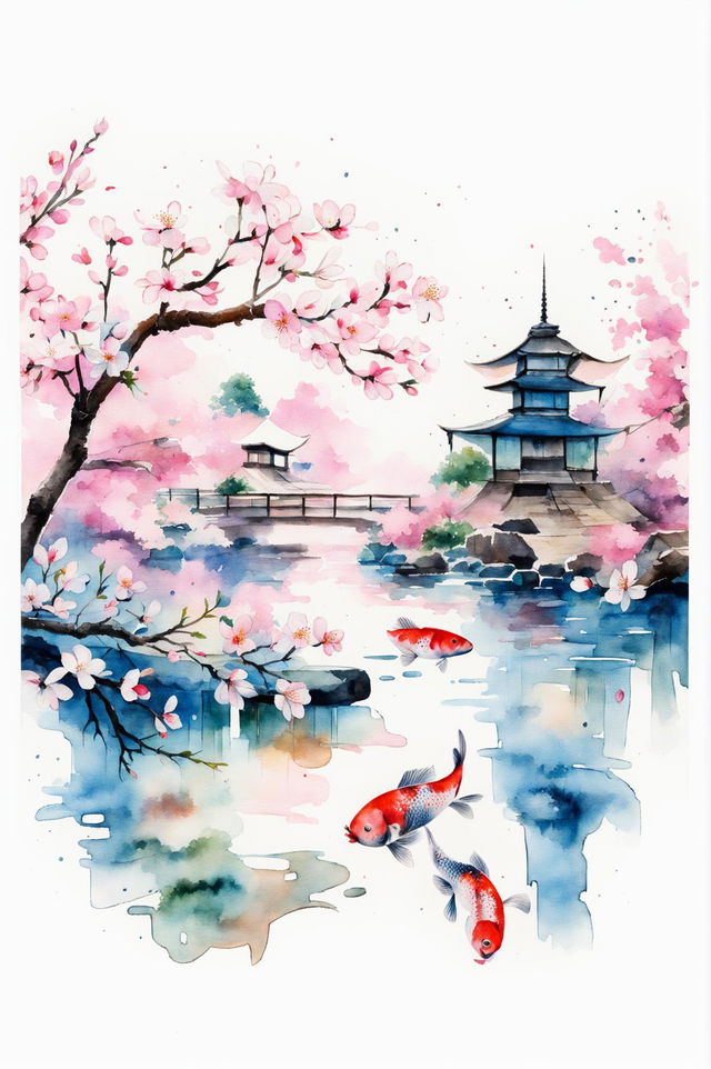 A beautiful classic Japanese watercolour painting featuring cherry blossoms, a serene river with koi fish, and a traditional pagoda, capturing the essence of traditional Japanese aesthetics