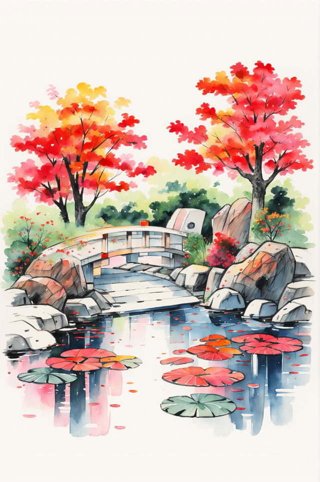 A beautiful classic Japanese watercolour painting of an autumn garden with a stone lantern, wooden bridge, pond, and vibrant maple trees, capturing traditional Japanese aesthetics