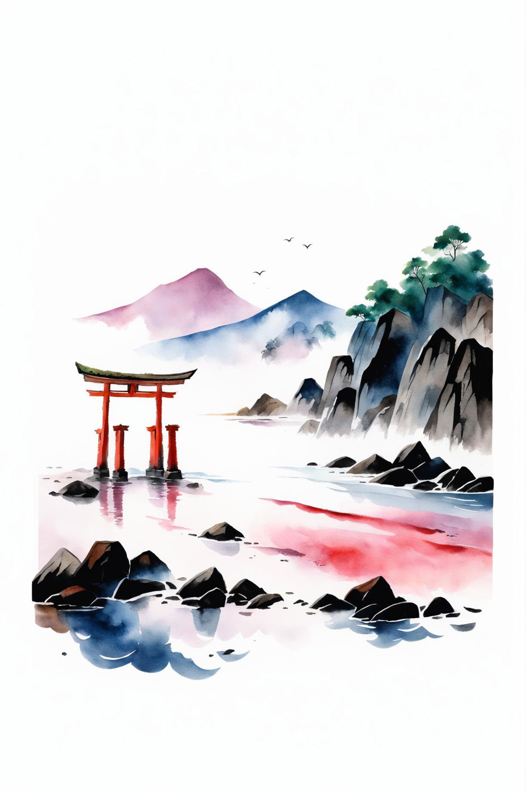 A beautiful classic Japanese watercolour painting of a coastal landscape at sunrise, featuring a torii gate, rocky shoreline, and distant mountains, capturing traditional Japanese aesthetics