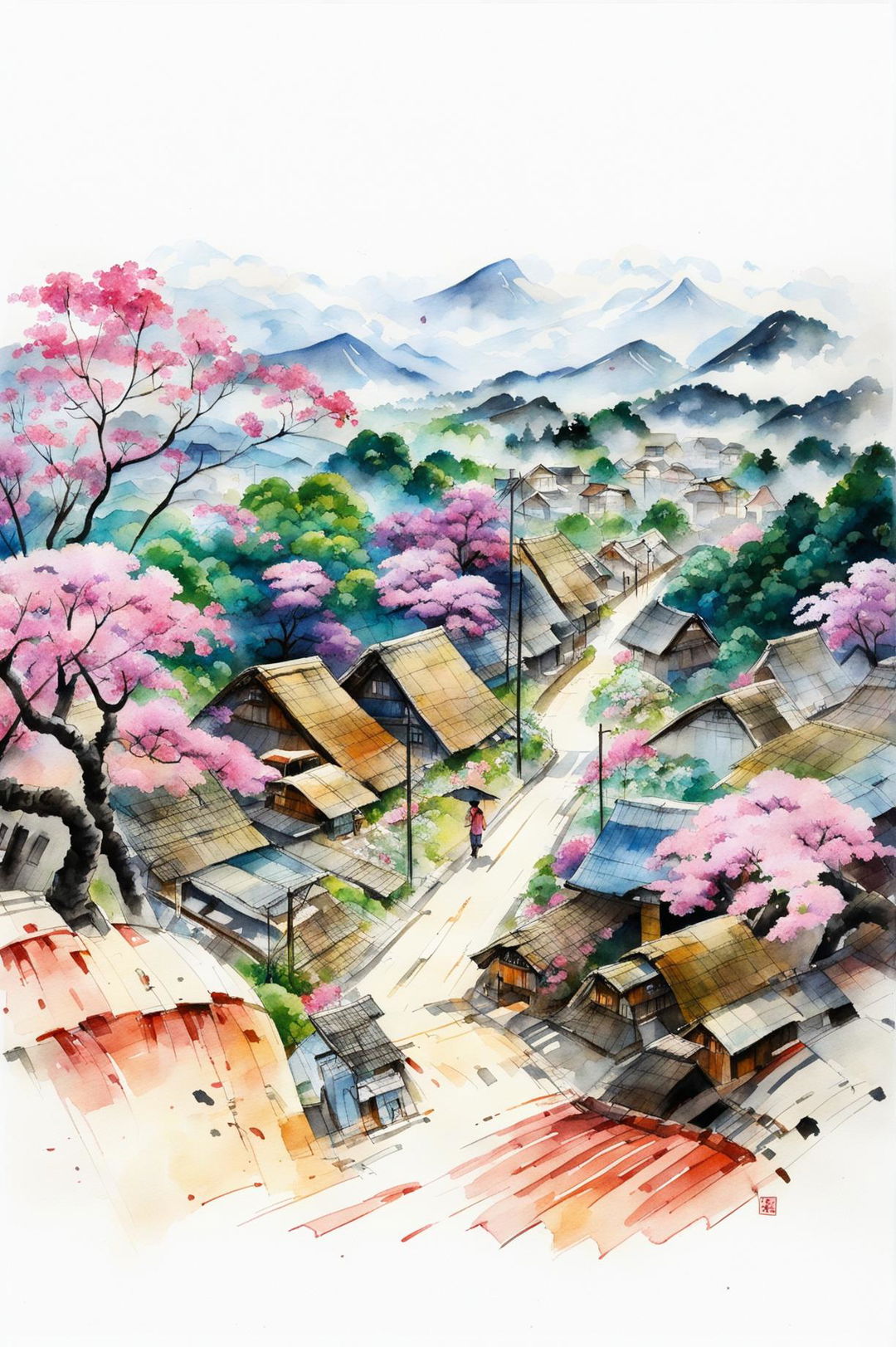 A beautiful classic Japanese watercolour painting of a rural village in spring, featuring thatched-roof houses, blooming cherry blossom trees, and villagers, capturing traditional Japanese aesthetics