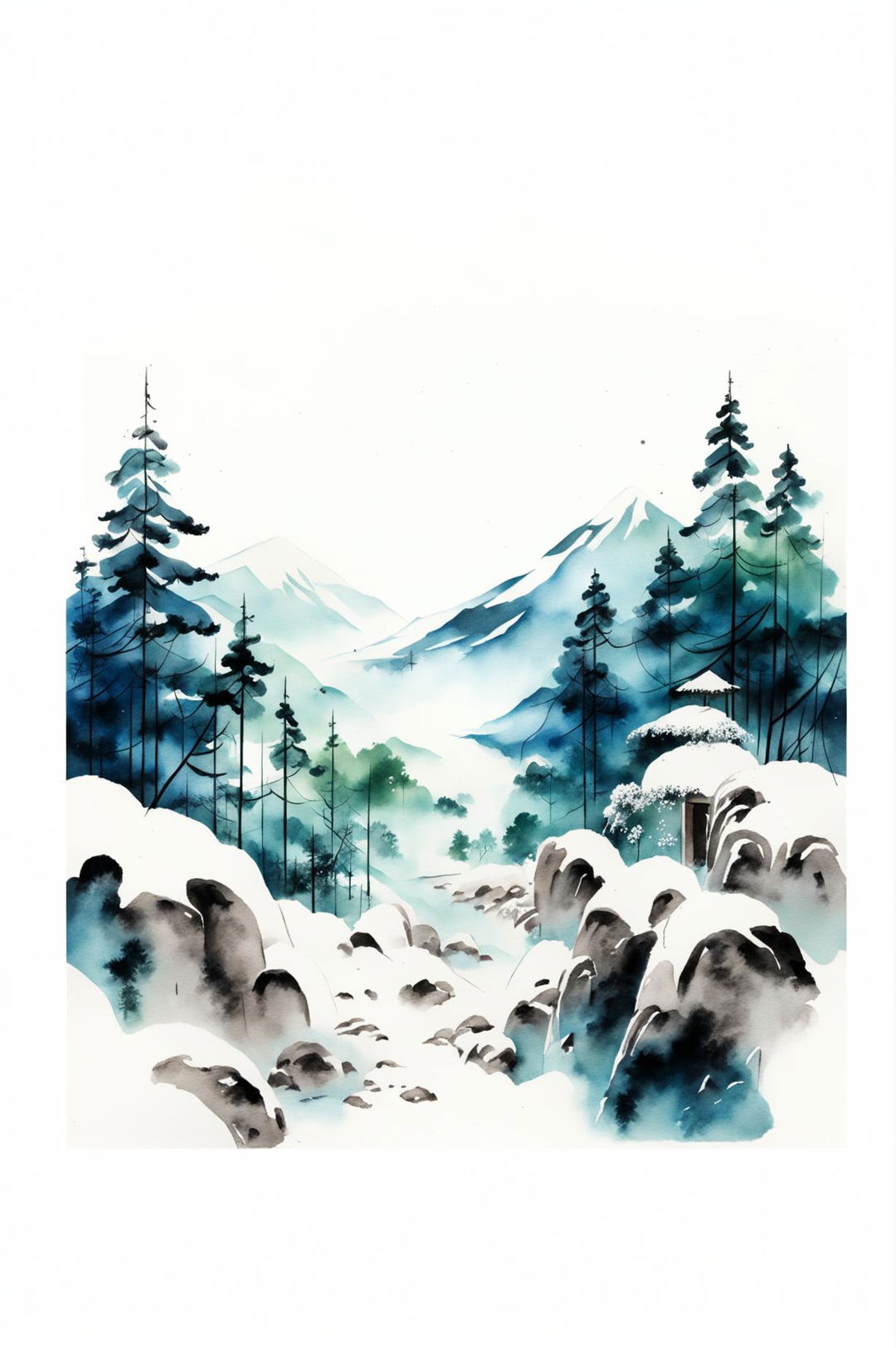 A beautiful classic Japanese watercolour painting of a mountain landscape in winter, featuring snow-covered pine trees, a wooden shrine, and majestic mountains, capturing traditional Japanese aesthetics