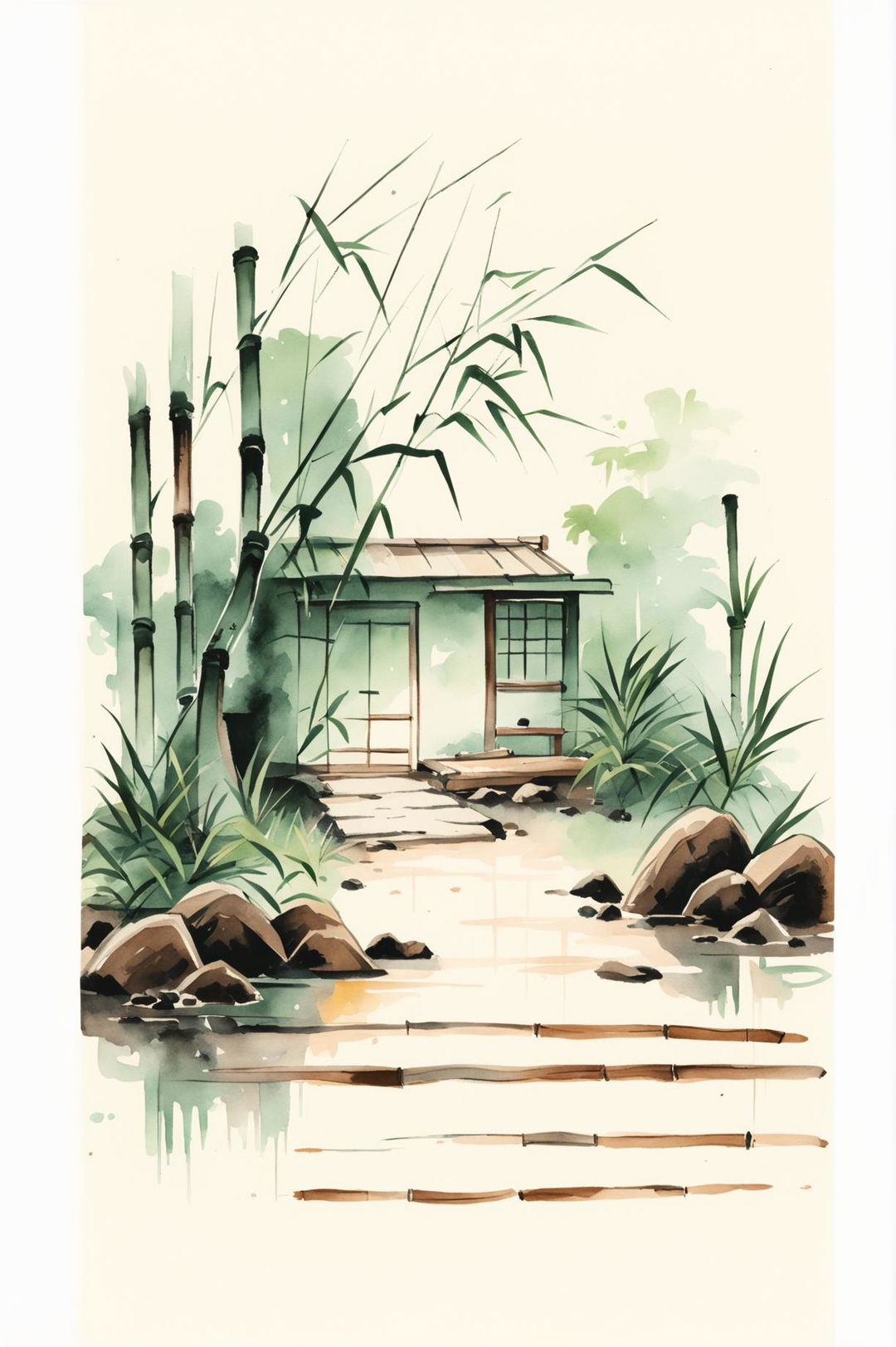 A beautiful classic Japanese watercolour painting of a tea house in a bamboo forest, featuring a wooden tea house, stone pathway, and tall bamboo stalks, capturing traditional Japanese aesthetics