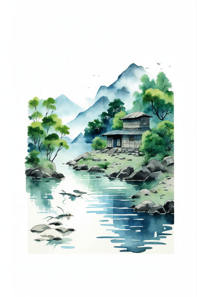 A beautiful classic Japanese watercolour painting of a tea house by a serene lake, surrounded by lush greenery and distant mountains, capturing traditional Japanese aesthetics