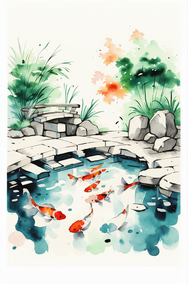 A beautiful classic Japanese watercolour painting of a serene koi pond in a traditional garden, featuring koi fish, a stone bridge, and lush greenery, capturing traditional Japanese aesthetics