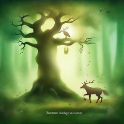 Create a captivating book cover featuring an enchanted forest with mystical creatures