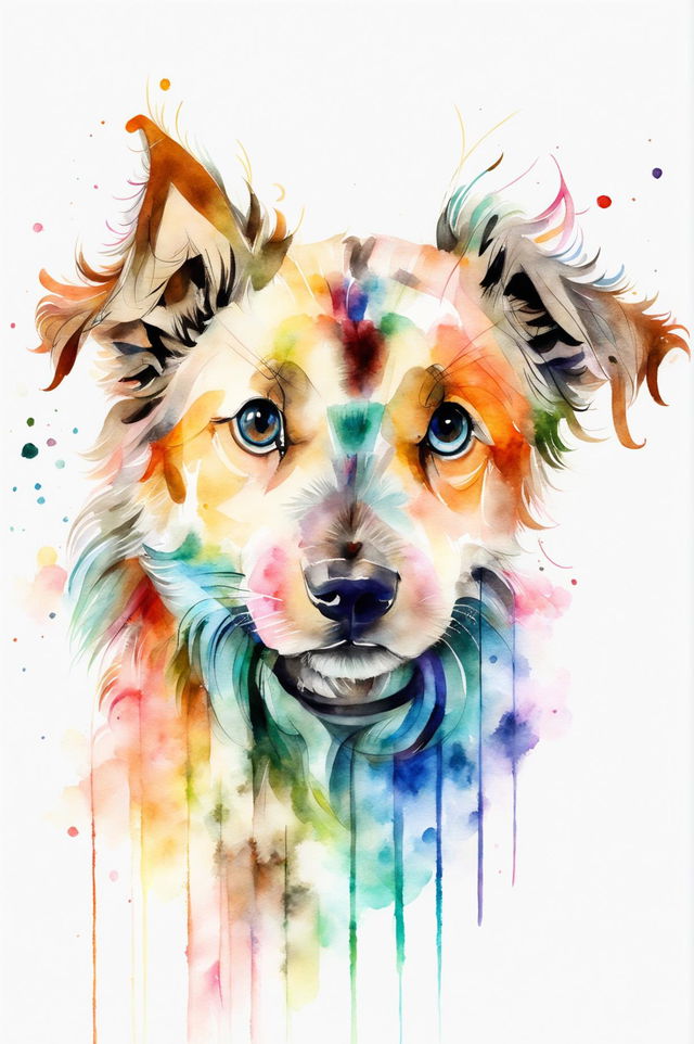 A beautiful watercolor painting of a dog pet portrait, featuring detailed and realistic depiction, soft pastel background, expressive eyes, and a serene atmosphere