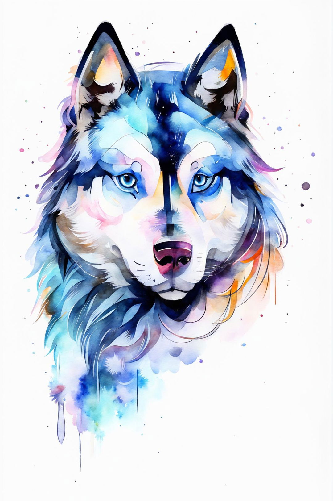 A mesmerizing watercolor painting of a Husky dog pet portrait, featuring a proud stance, bold and delicate strokes, cool icy tones, and piercing blue eyes