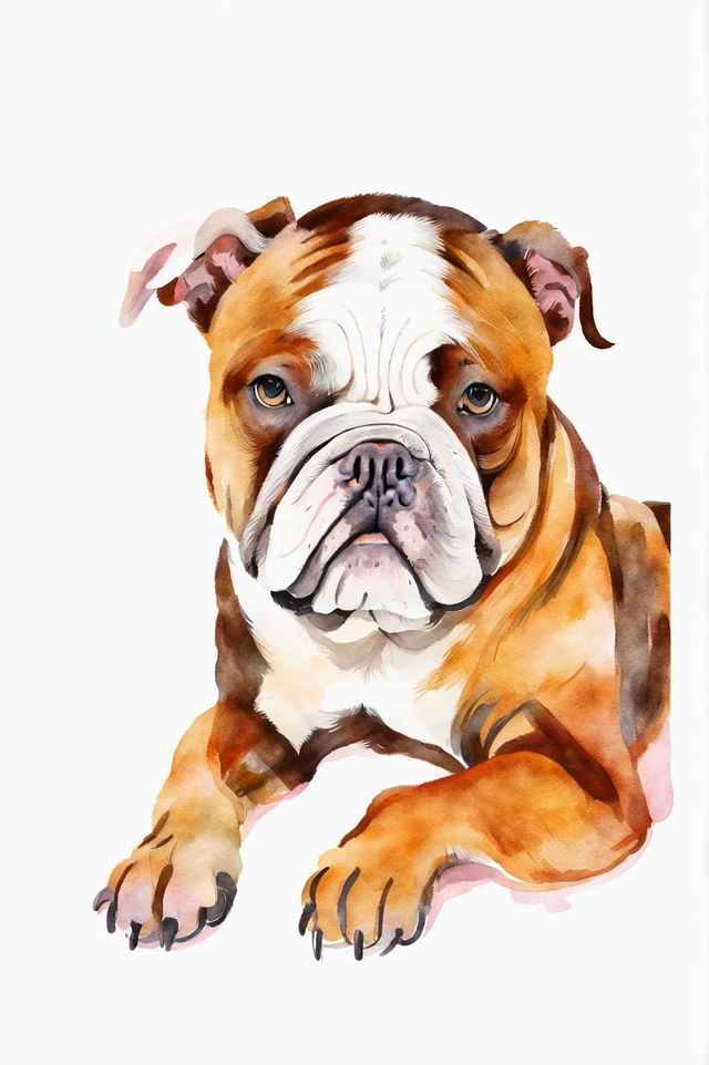 A charming watercolor painting of a Bulldog pet portrait, featuring a relaxed pose, soft strokes, warm earthy tones, and a gentle, affectionate atmosphere