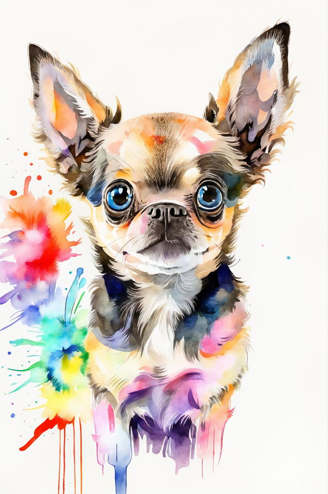 A delightful watercolor painting of a Chihuahua dog pet portrait, featuring an alert stance, fine strokes, vibrant colors, and a lively, joyful atmosphere