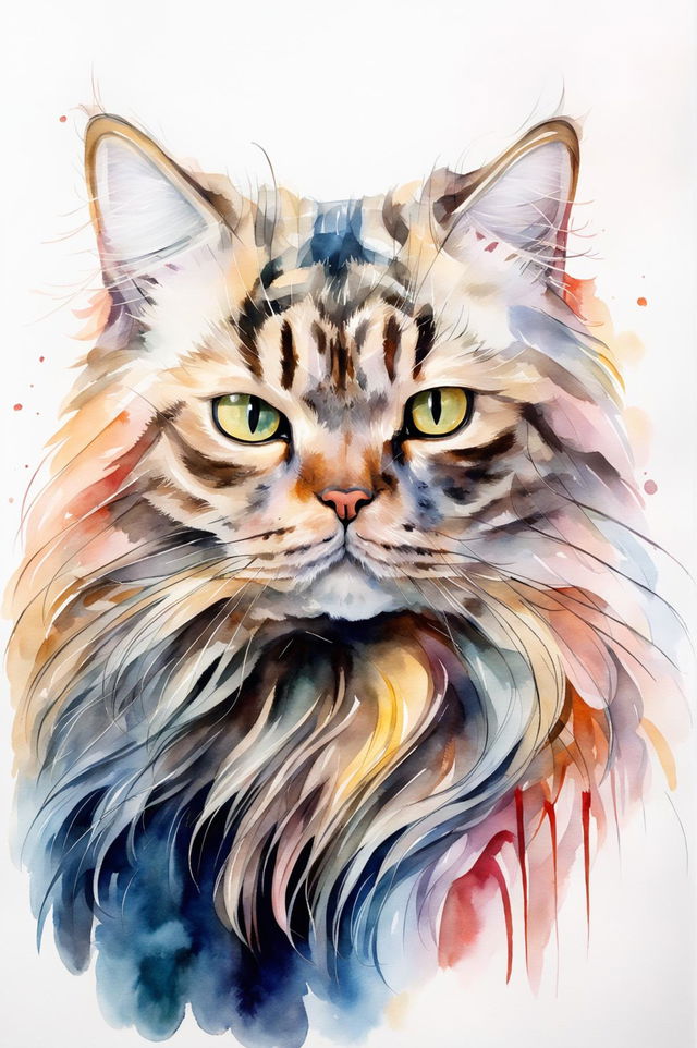 A beautiful watercolor painting of a Persian cat pet portrait, featuring a regal pose, soft strokes, pastel tones, and a refined, tranquil atmosphere