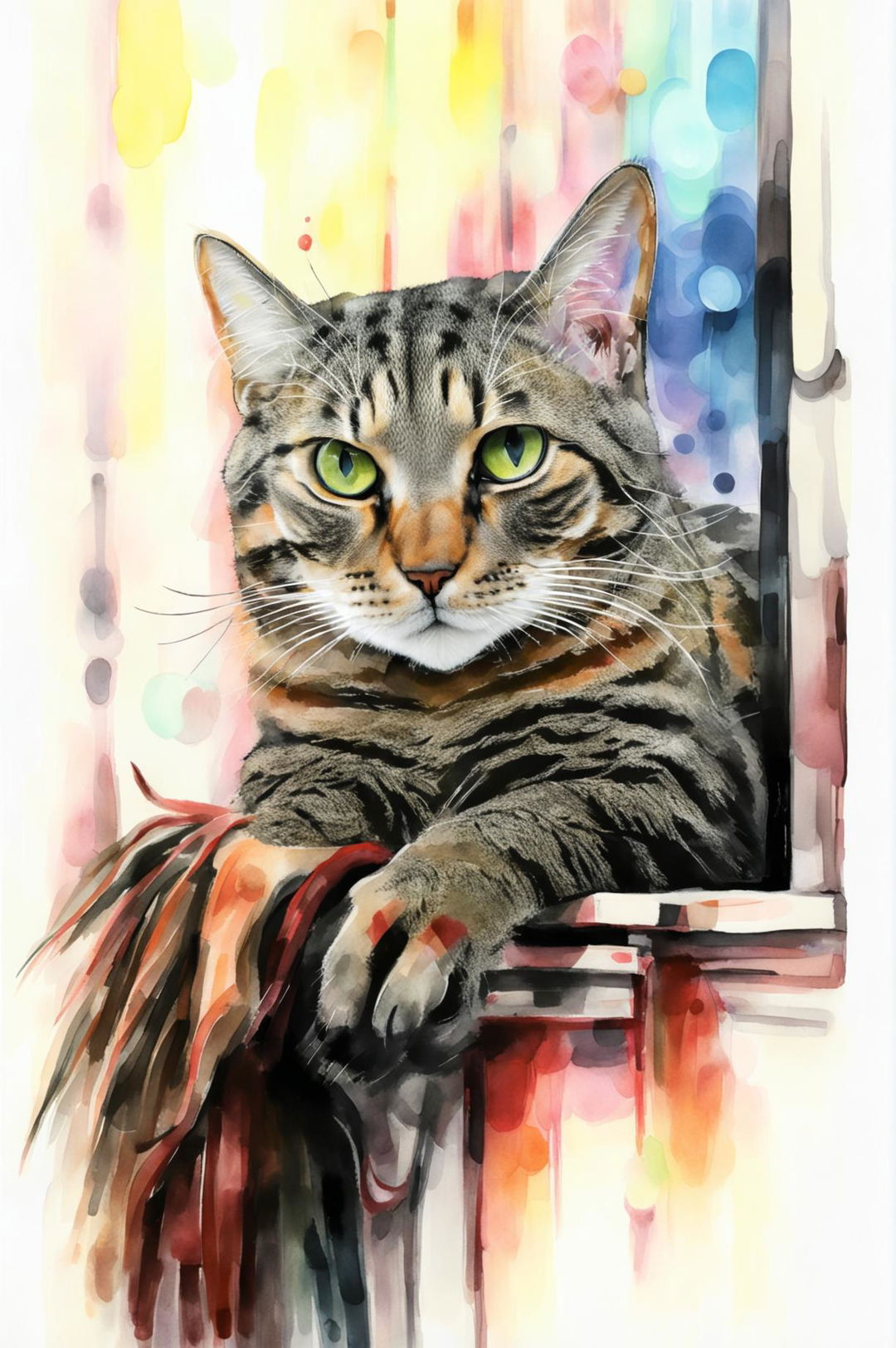 A stunning watercolor painting of a tabby cat pet portrait, featuring a relaxed pose, detailed strokes, warm tones, and a heartwarming, inviting atmosphere