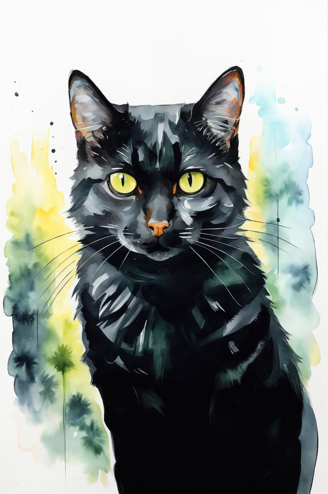 A captivating watercolor painting of a black cat pet portrait, featuring sleek fur, dramatic dark background, and mesmerizing eyes, highlighting the cat's elegance and mystery