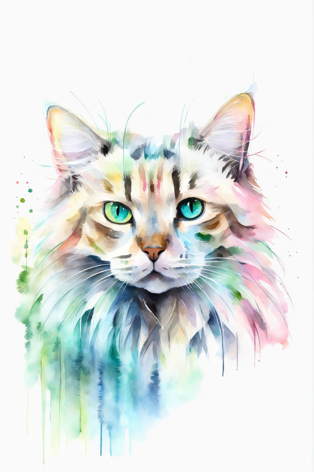 A beautiful watercolor painting of a fluffy white cat pet portrait, featuring soft fur, pastel background, and expressive eyes, highlighting the cat's elegance and tranquility