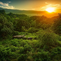 A vibrant and diverse ecosystem teeming with various forms of life. Lush green landscapes, wild animals in their natural habitats and a beautiful sunset.