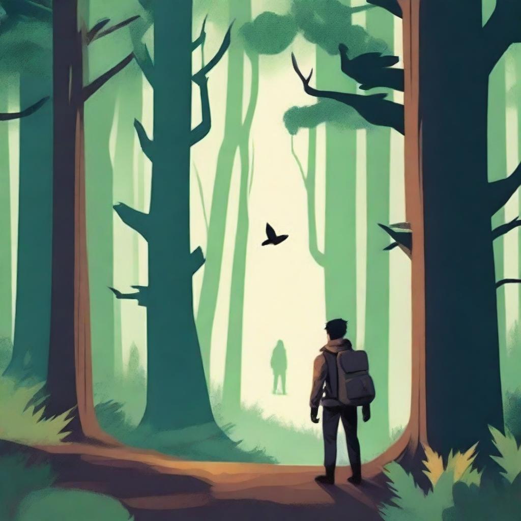 Create an engaging book cover featuring an adventurous scene with a mysterious forest and a brave protagonist standing at the edge, ready to explore