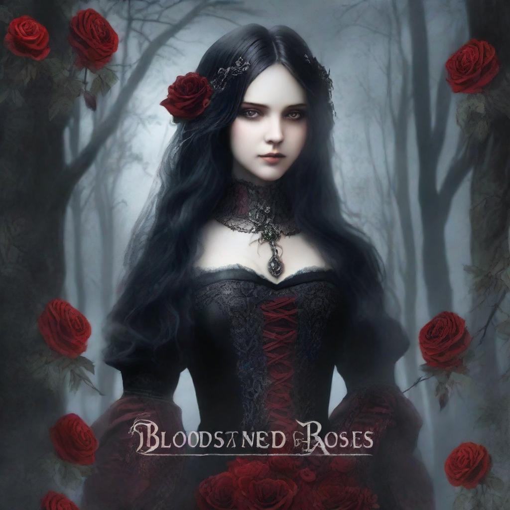 A gothic-themed book cover titled 'Bloodstained Roses: The Dark Desires of a Colorblind Maiden'