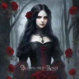 A gothic-themed book cover titled 'Bloodstained Roses: The Dark Desires of a Colorblind Maiden'