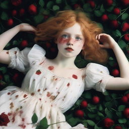 A strawberry blonde girl with green eyes, wearing a fluffy white dress, lying down in a pile of bloodstained roses