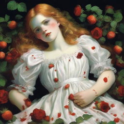 A strawberry blonde girl with green eyes, wearing a fluffy white dress, lying down in a pile of bloodstained roses