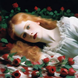 A strawberry blonde girl with green eyes, wearing a fluffy white dress, lying down in a pile of bloodstained roses