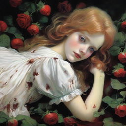 A strawberry blonde girl with green eyes, wearing a fluffy white dress, lying down in a pile of bloodstained roses