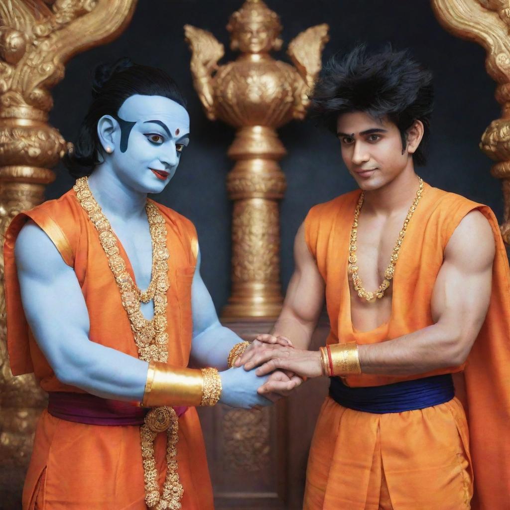 Lord Krishna in his traditional attire, holding hands with Goku from Dragon Ball Z, both displaying a friendly ambience