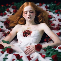 A 16-year-old girl with strawberry blonde hair and green eyes is lying down in a pile of bloodstained roses