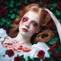 A 16-year-old girl with strawberry blonde hair and green eyes is lying down in a pile of bloodstained roses