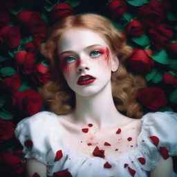 A 16-year-old girl with strawberry blonde hair and green eyes is lying down in a pile of bloodstained roses