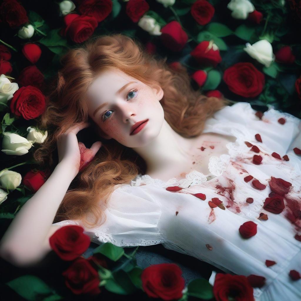 A 16-year-old girl with strawberry blonde hair and green eyes is lying down in a pile of bloodstained roses