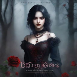 Create a book cover titled 'Bloodstained Roses: The Dark Desires of a Colorblind Maiden'