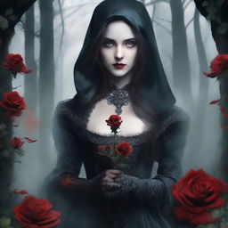 Create a book cover titled 'Bloodstained Roses: The Dark Desires of a Colorblind Maiden'