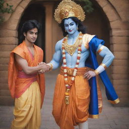 Lord Krishna in his traditional attire, holding hands with Goku from Dragon Ball Z, both displaying a friendly ambience