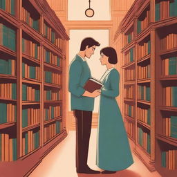 A book cover featuring a library scene with a bookshelf separating a couple