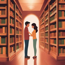 A book cover featuring a library scene with a bookshelf separating a couple