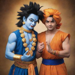 Lord Krishna in his traditional attire, holding hands with Goku from Dragon Ball Z, both displaying a friendly ambience