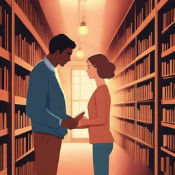 A book cover featuring a library scene with a bookshelf separating a couple