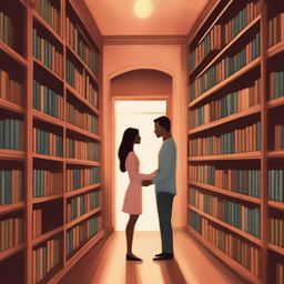 A book cover featuring a library scene with a bookshelf separating a couple