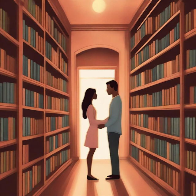 A book cover featuring a library scene with a bookshelf separating a couple