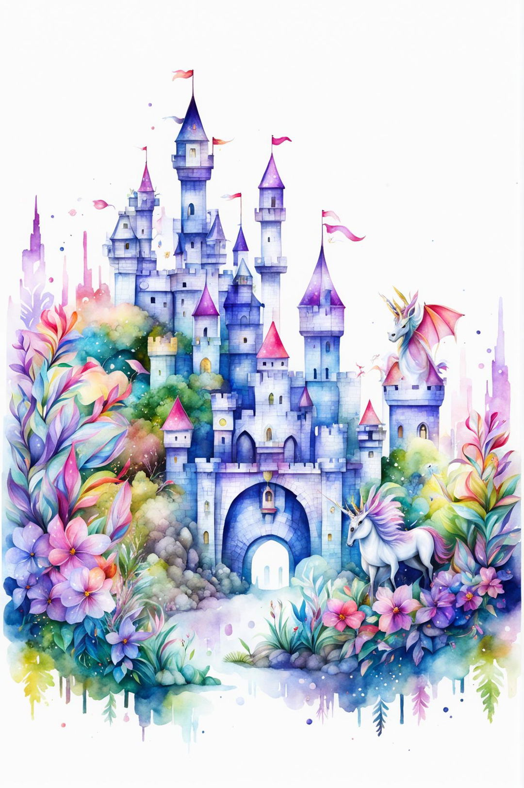 Create an enchanting watercolour painting of fairytale-themed wallpaper with castles, unicorns, dragons, and enchanted forests on a soft, dreamy gradient background