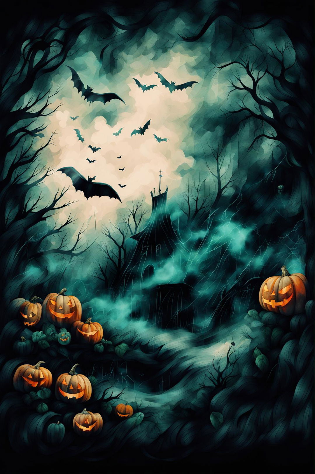 Create an eerie watercolour painting of spooky-themed wallpaper with ghosts, bats, pumpkins, and haunted houses on a dark, stormy gradient background