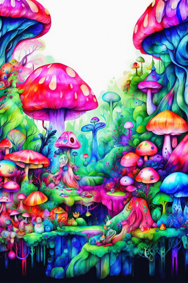 Create a vibrant watercolour painting of psychedelic wonderland-themed wallpaper with whimsical characters, swirling patterns, and surreal imagery in bold and contrasting colours