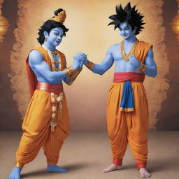 Lord Krishna in his traditional attire, holding hands with Goku from Dragon Ball Z, both displaying a friendly ambience