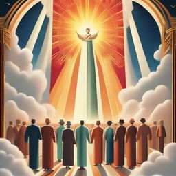 A breathtaking scene of the rapture, with people with bright faces ascending towards a bright, fiery light in the sky, surrounded by clouds and a sense of divine presence