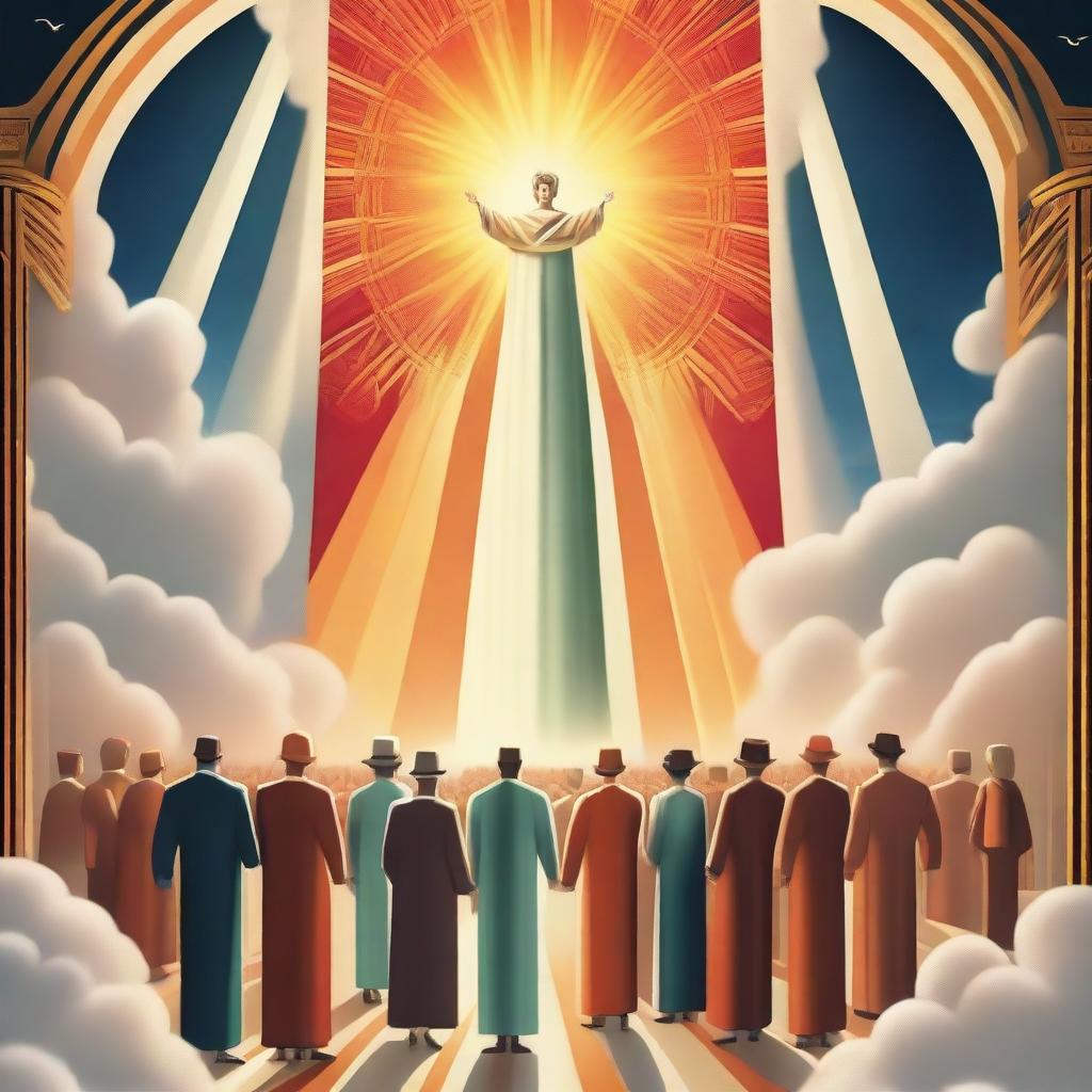 A breathtaking scene of the rapture, with people with bright faces ascending towards a bright, fiery light in the sky, surrounded by clouds and a sense of divine presence