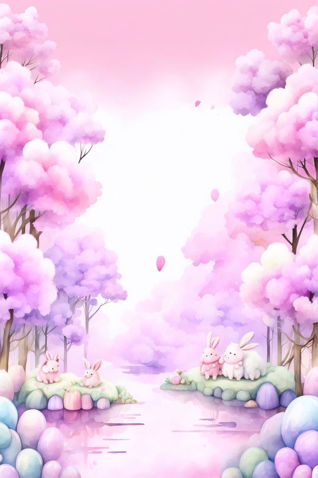 Create an enchanting watercolour painting of fluffy wonderland-themed wallpaper with fluffy clouds, cotton-candy trees, and gentle creatures in pastel colours on a dreamy gradient background