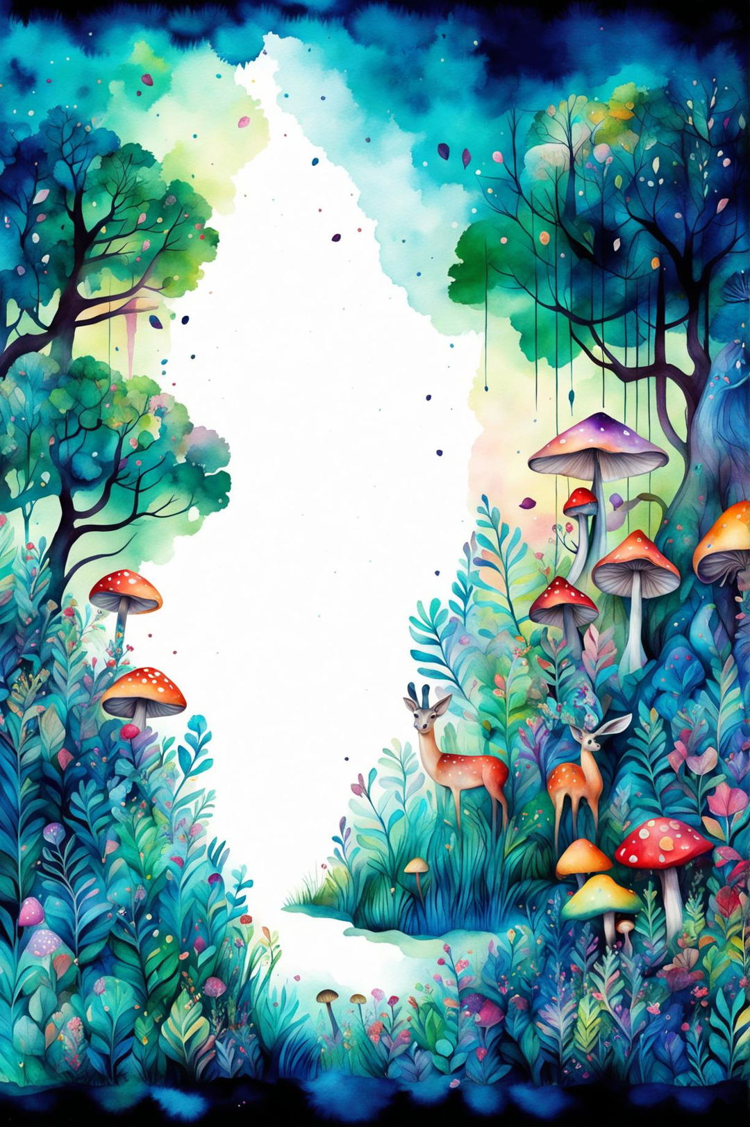 Create a captivating watercolour painting of a magical forest-themed wallpaper with ancient trees, whimsical creatures, and vibrant mushrooms in jewel tones and soft pastels on a gradient background