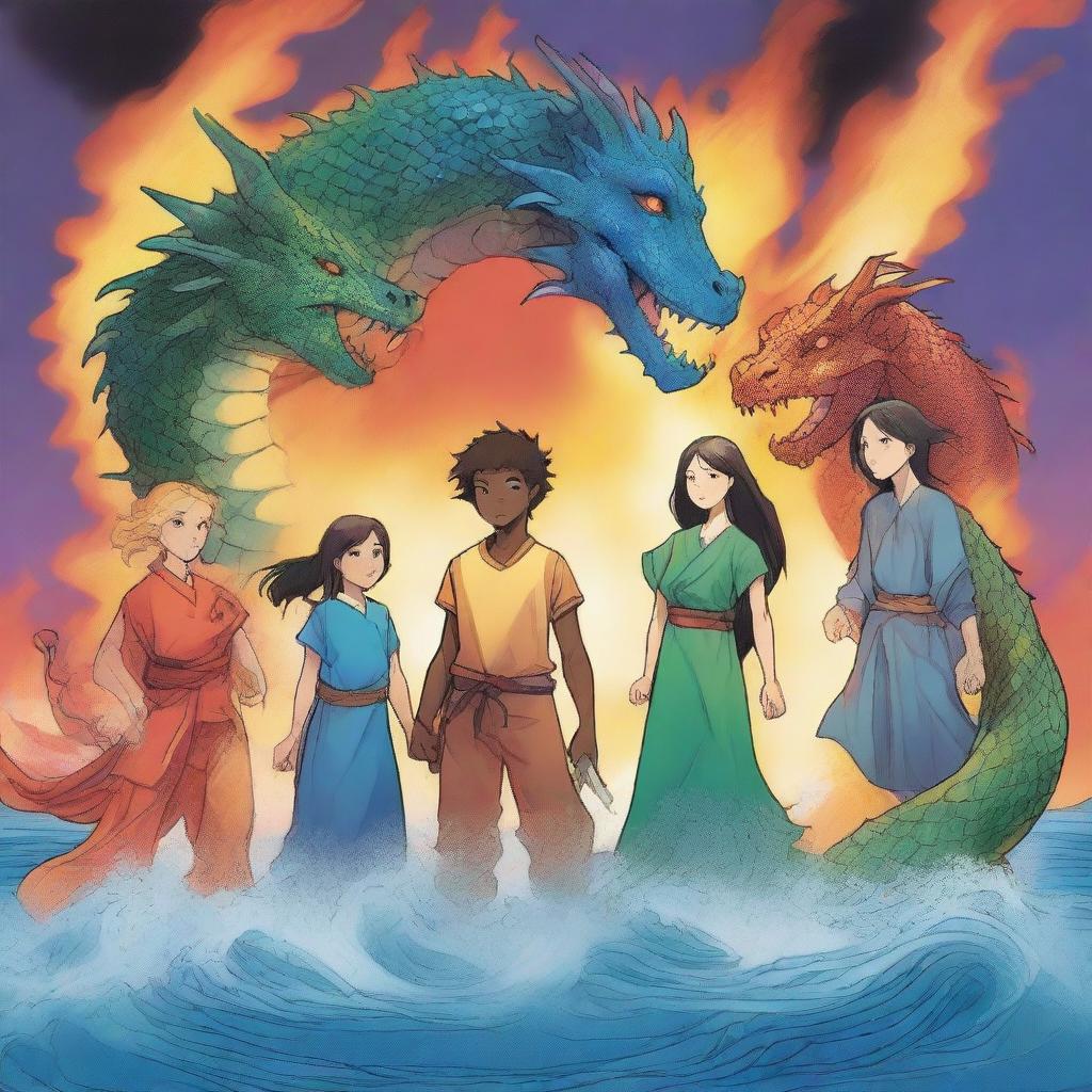 Four fierce friends stand together, two boys and two girls, each with a dragon behind them representing their elemental powers